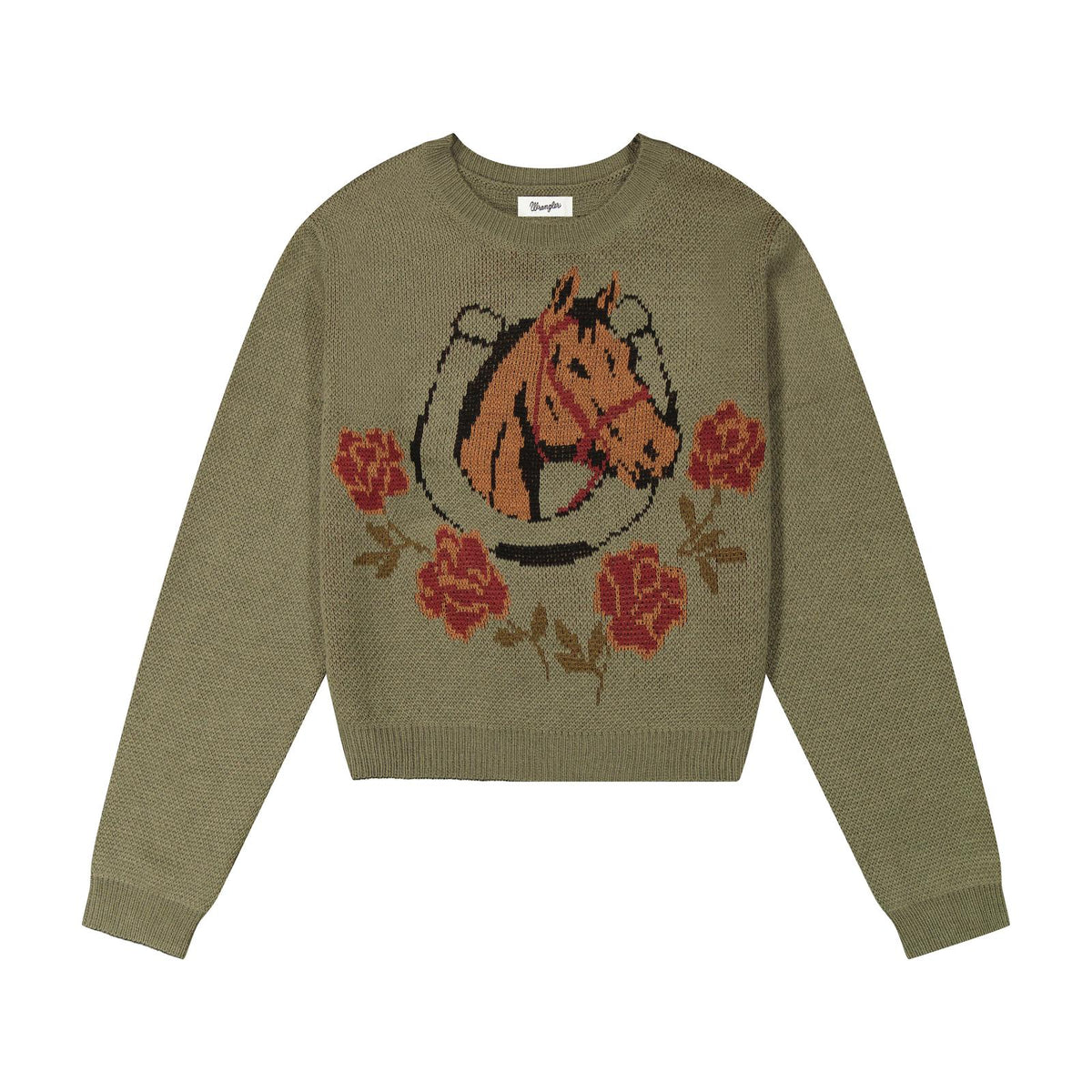 112385386 Retro Wrangler Womens Green Horse Sweater