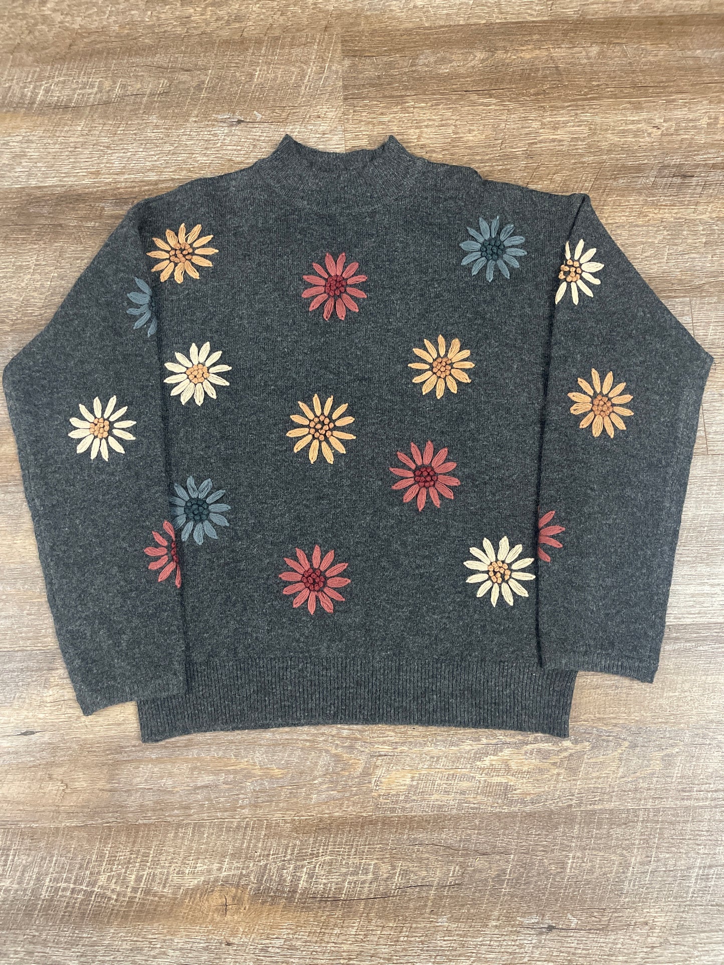 C2689E Charlie B Mock Neck Sweater w/ Embroidery