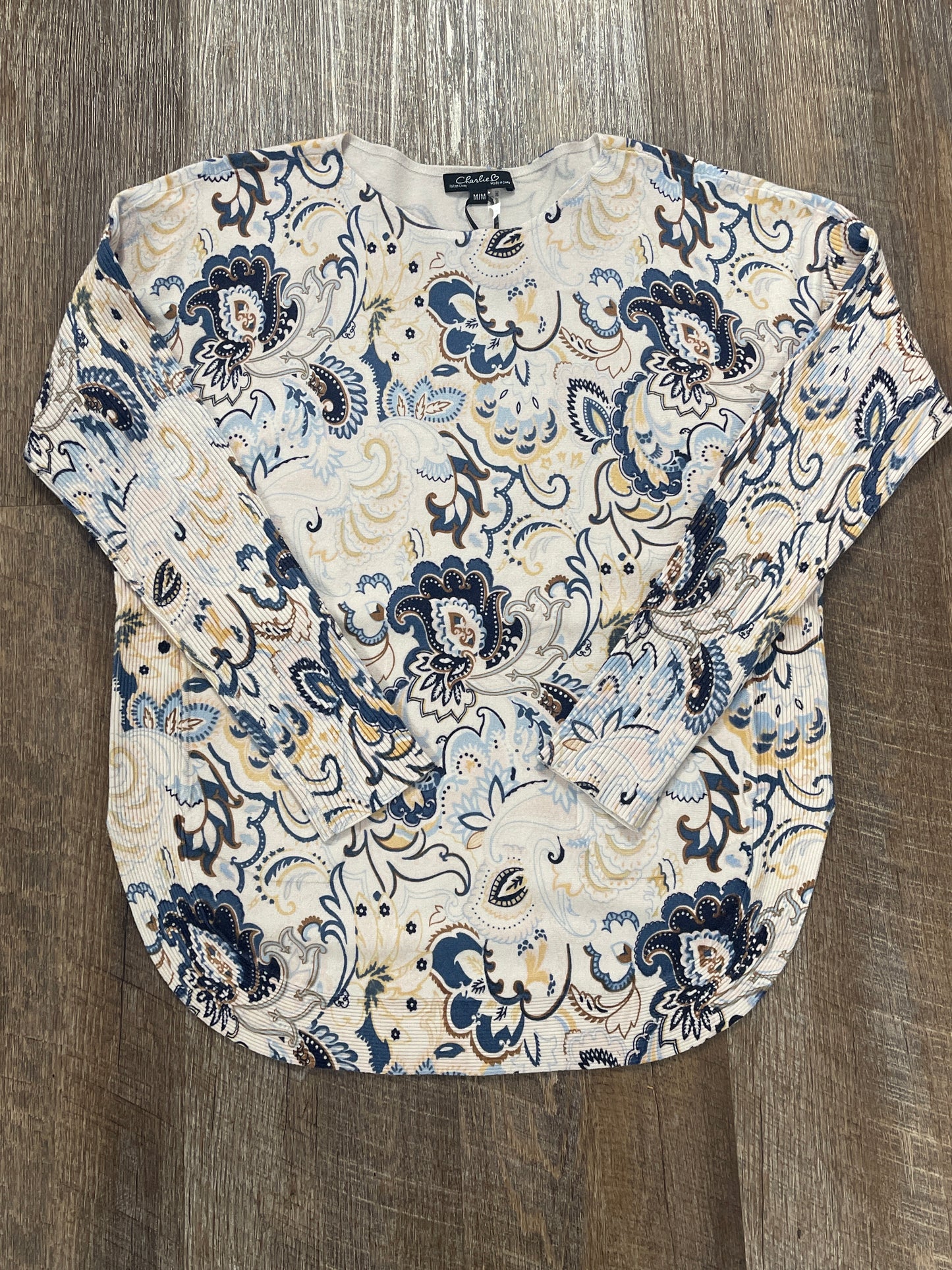 C2818P Charlie B Printed Long Sleeve Boat Neck Top w/ Pockets