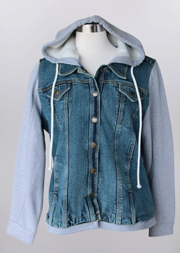 YY63031 Keren Hart Women's Denim & Knit Hooded Jacket