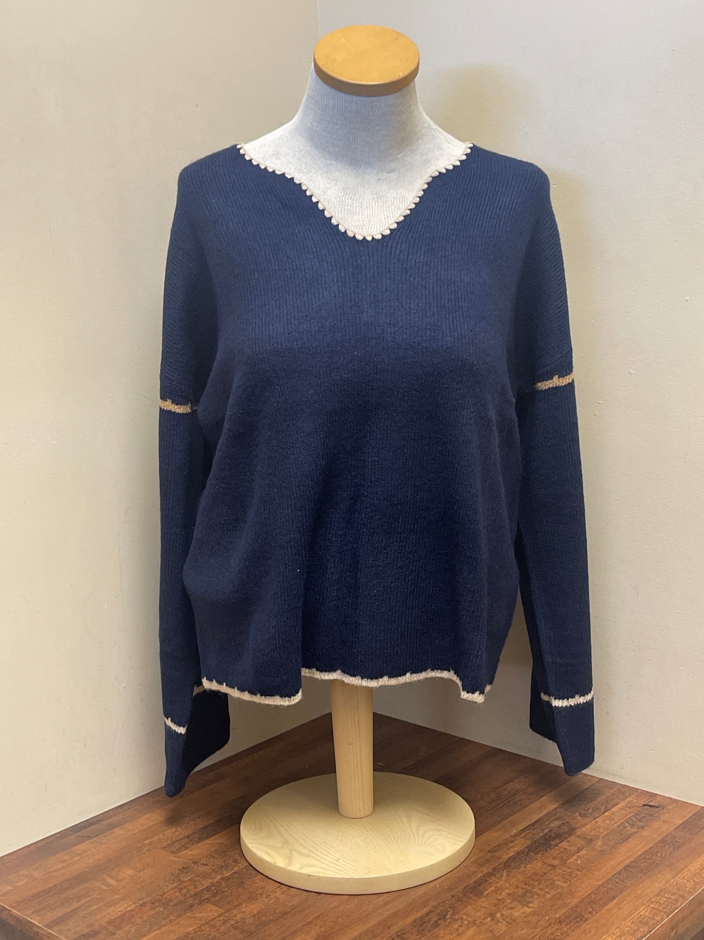 C2879 Charlie B Ribbed V-Neck Notched Soutache Sweater