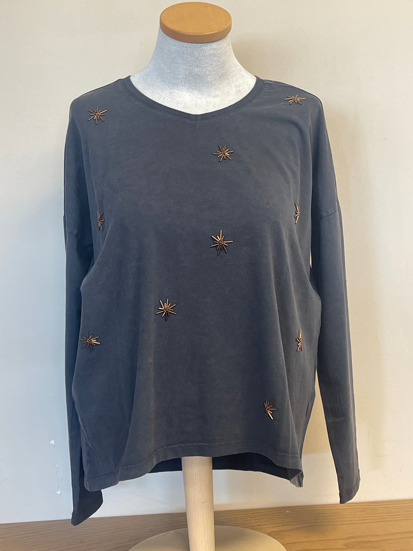 C1415 Charlie B Beaded Long Sleeve V-Neck Solid Top