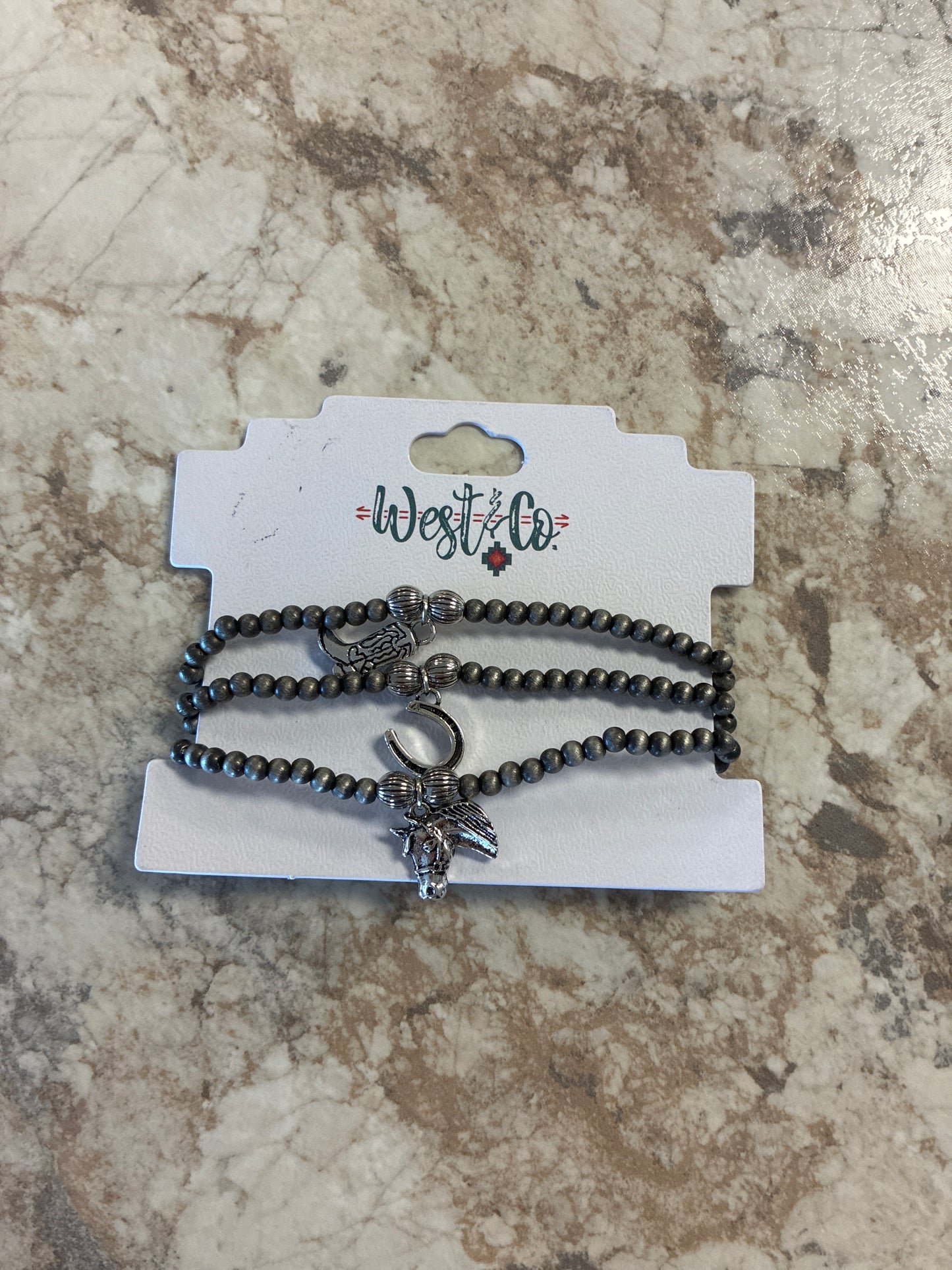 BR1526 West & Co. 3 Piece Set of Dainty Faux Navajo Pearl Stretch Bracelet with Cowboy Charms