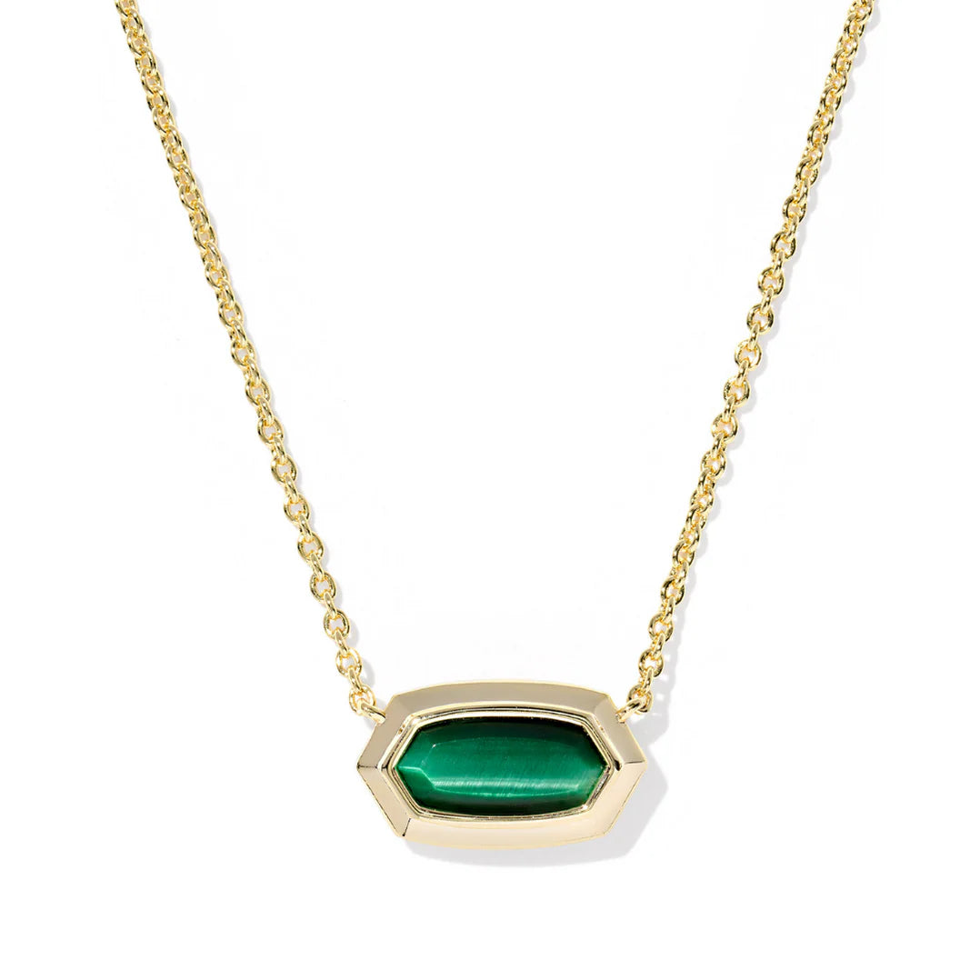 9608884593 Kendra Scott Elisa Bezel Gold Short Pendant Necklace in Green Tigers Eye