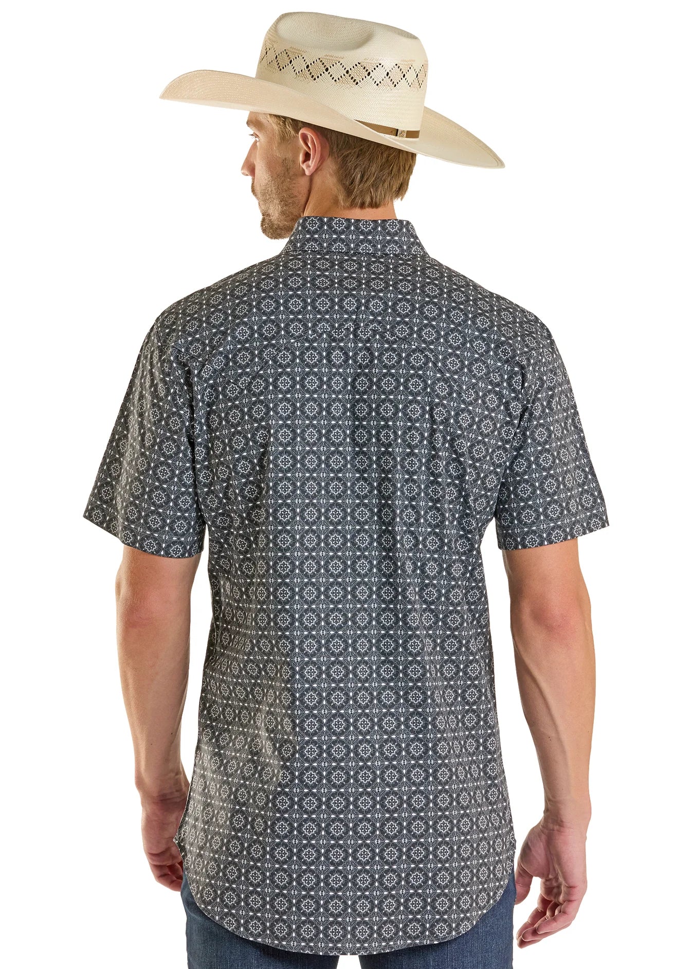 BMN3S08677 Men's Rock&Roll Medallion Printed Short Sleeve Snap Shirt