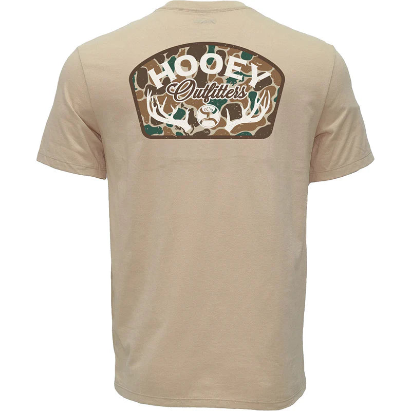 HT2615TN Hooey Men's Outfitter Tan Crew Neck Short Sleeve Tshirt with Camo Antler