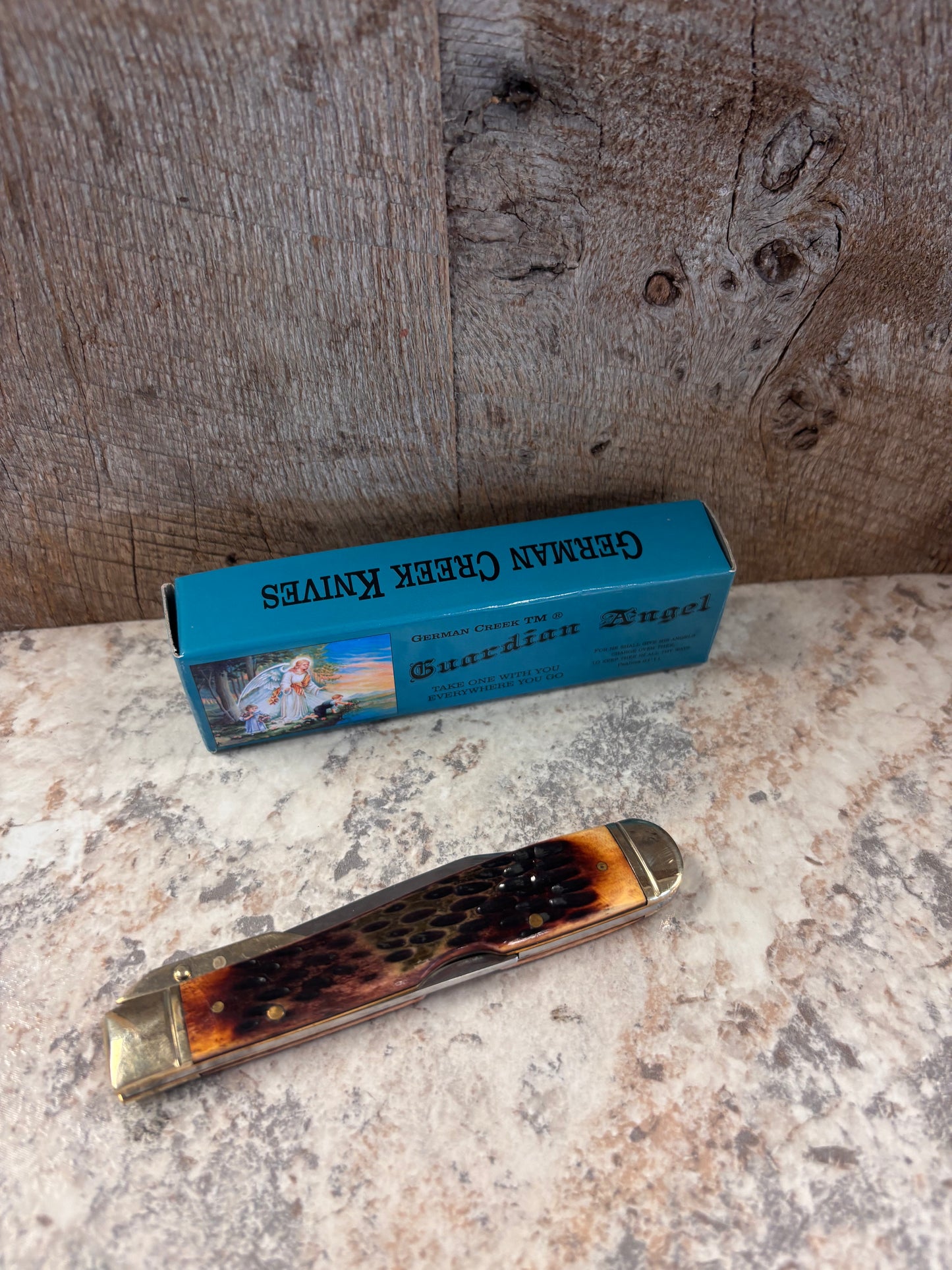 EM2567052BRJIG Guardian Angel Brown With Cross Folding Pocketknife