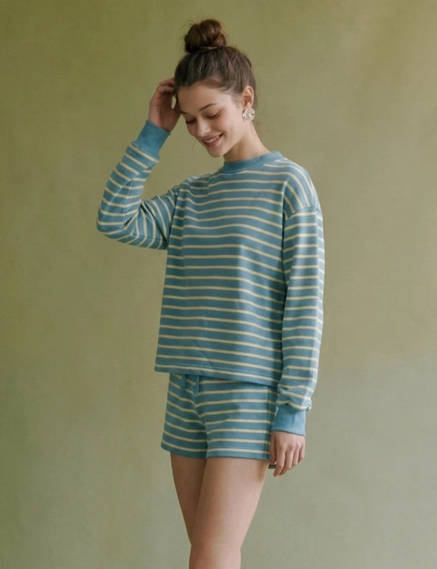 MOP1185 Heyson Yours Truly Striped Drawstring Cotton Terry Shorts - Turquoise / Lemon
