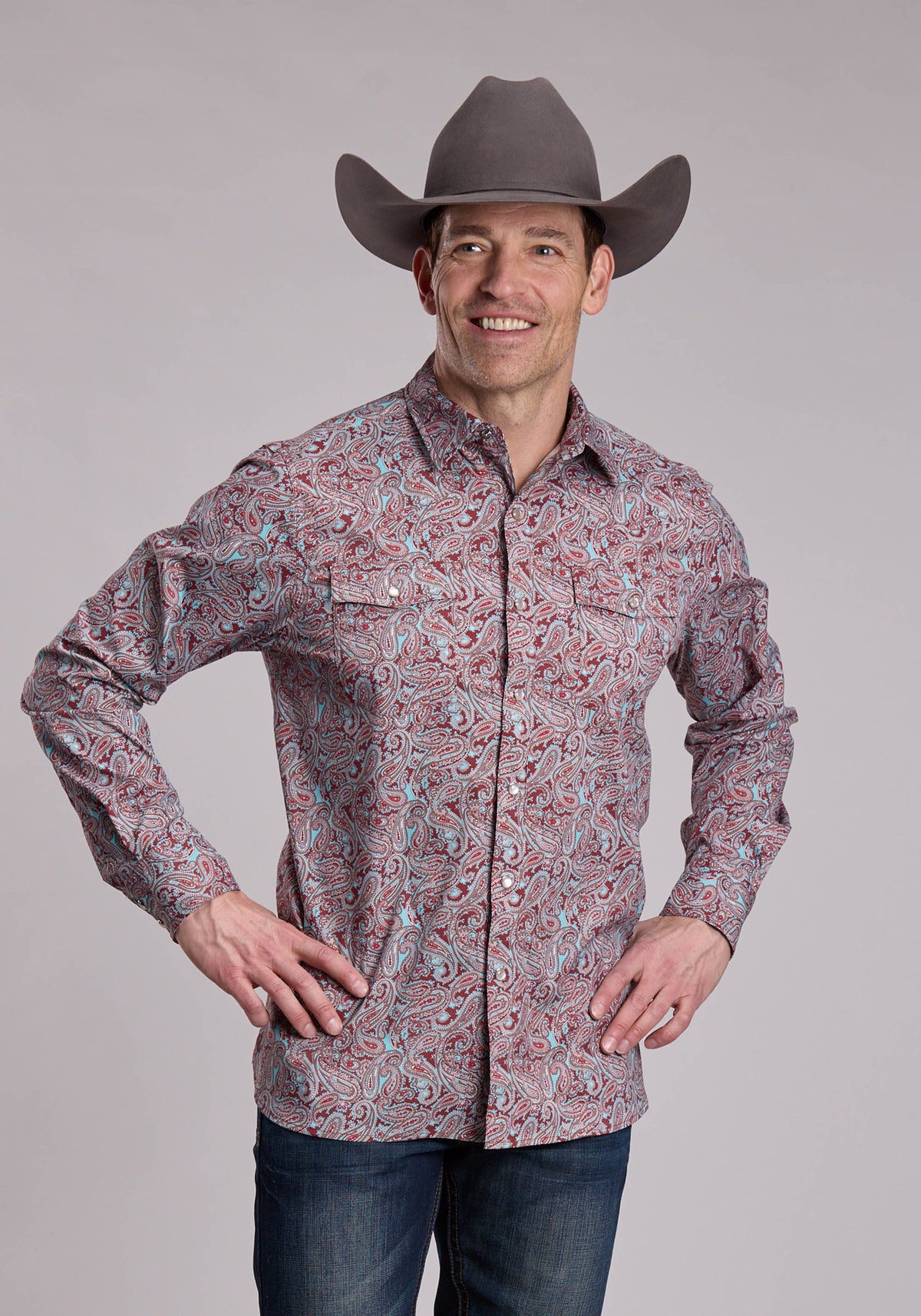 03-001-0124-0601 Roper Men's Active Canyon Paisley Long Sleeve Shirt - Wine