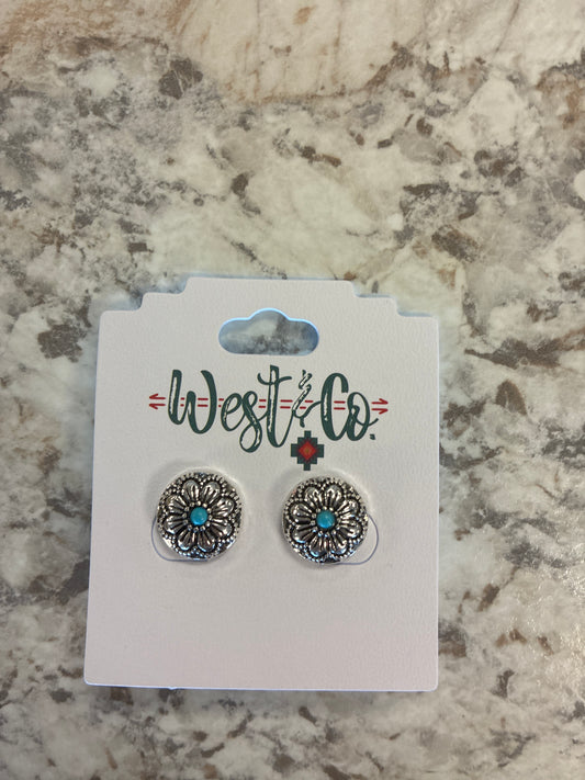 E1004 West & Co. Burnished Silver Flower Concho Stud Earrings with Turquoise Accent