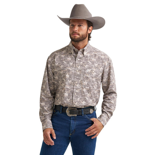 112381975 Wrangler® George Strait Collection Performance One Pocket Long Sleeve Shirt - Relaxed Fit - Brown