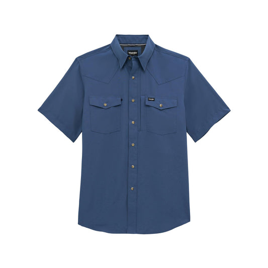 112382384 Wrangler All Terrain Gear Men's Western Performance Short Sleeve Solid Shirt - Vintage Indigo