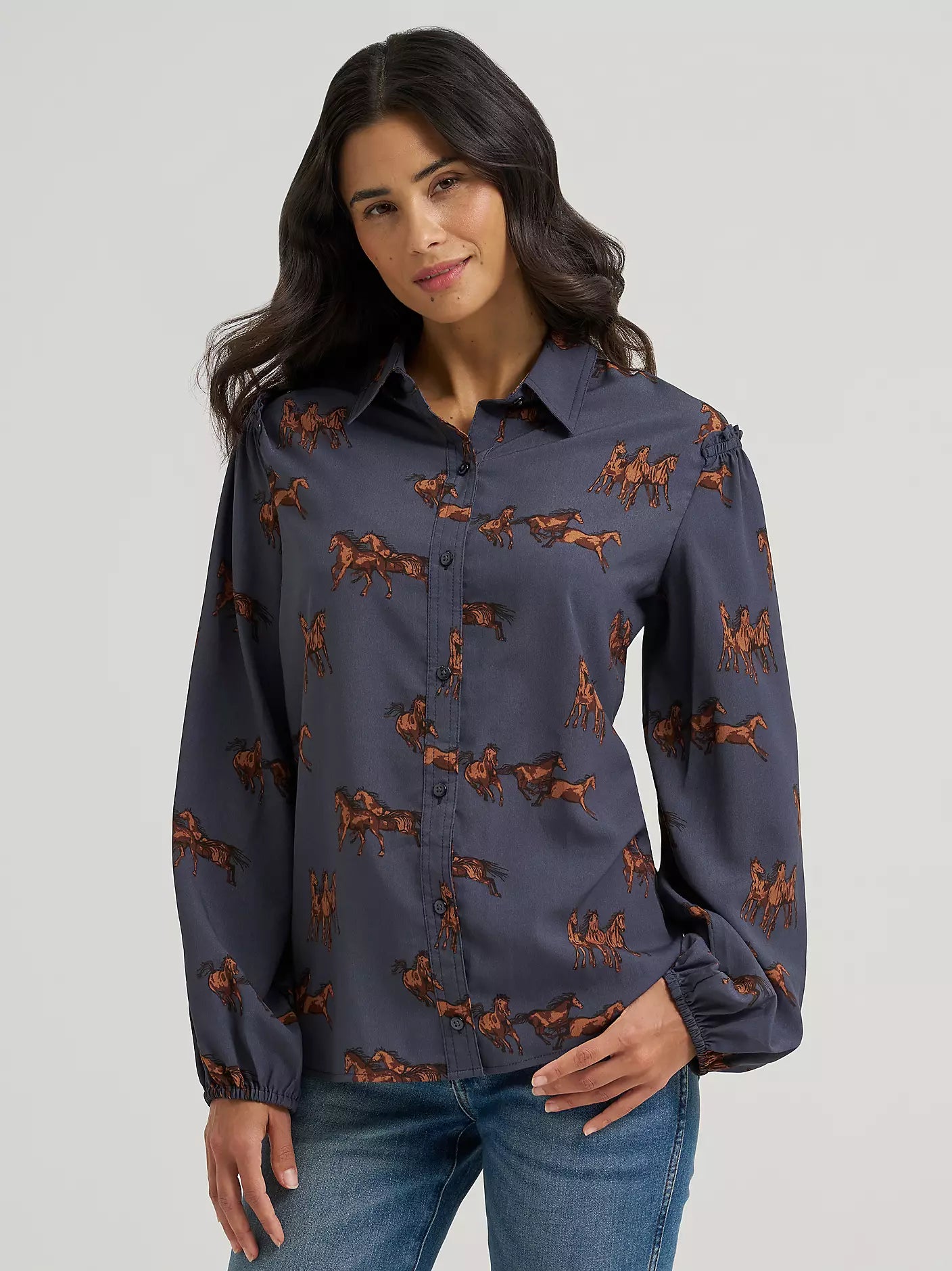 112382747 Wrangler Retro® Punchy Ruffle Sleeve Shirt - Blue