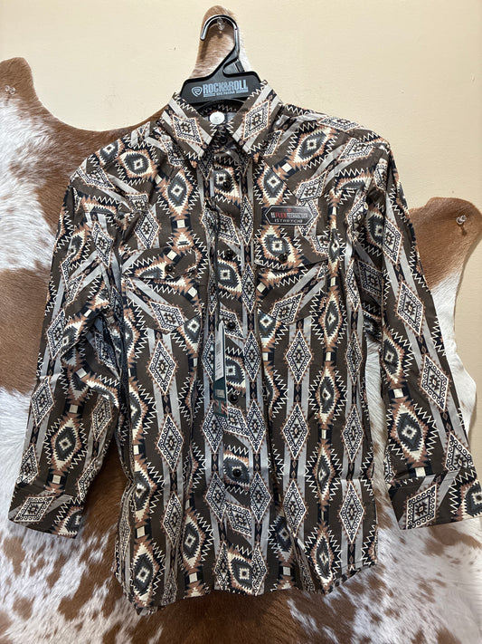 BBN2S09440 Rock&Roll Aztec Printed Longsleeve Snap Shirt - Dark Brown