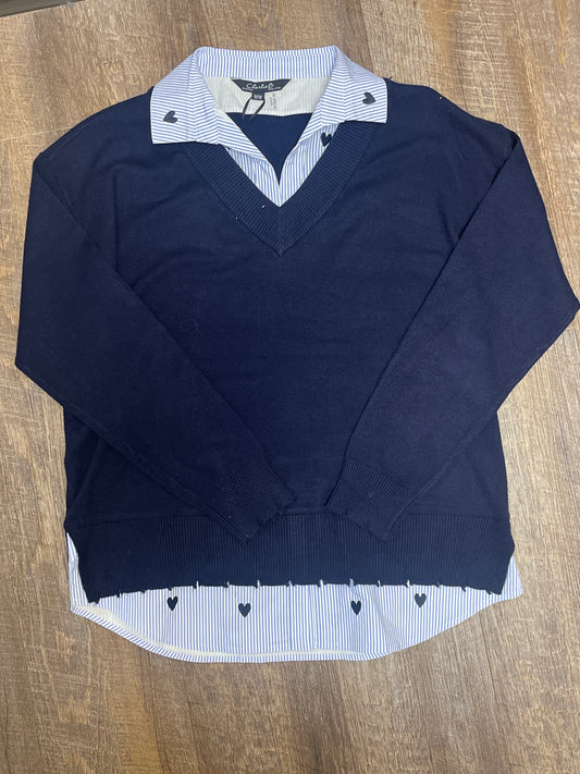 C2568E Charlie B V-Neck Fooler Sweater With Embroidered Poplin Shirt Collar