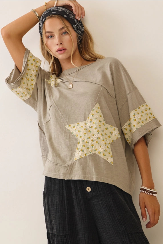 IT19307 Relaxed Fit Cotton Top with Contrast Star Quilt Detailing - Smoky Grey