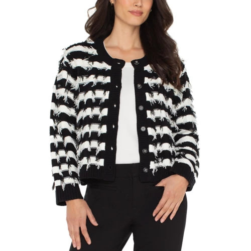 LM8H63SR19 Liverpool Long Mix Stitch Fringe Collarless Long Sleeve Cardigan