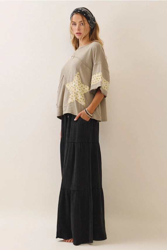 IT19307 Relaxed Fit Cotton Top with Contrast Star Quilt Detailing - Smoky Grey