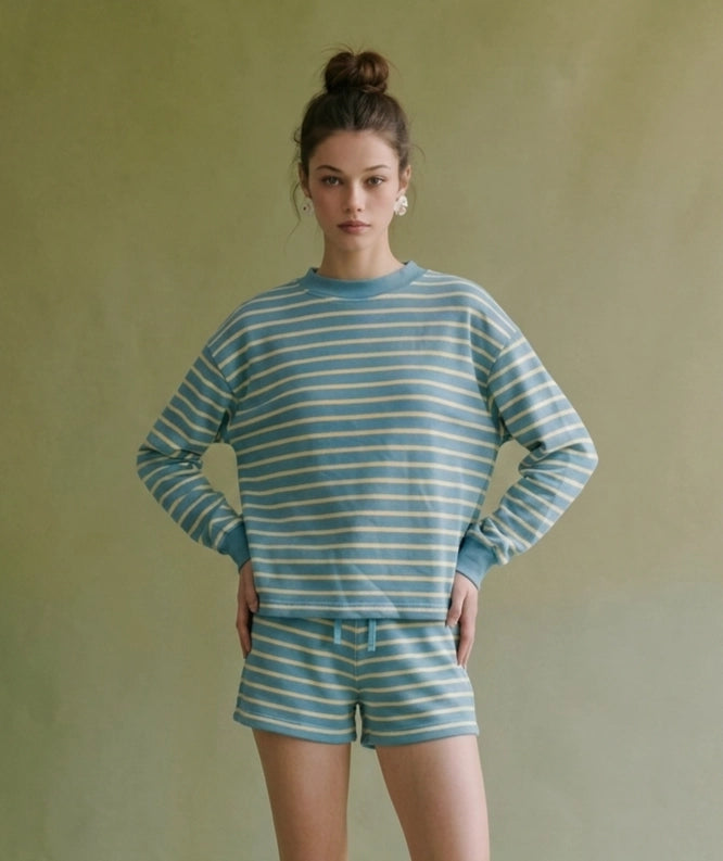 MOT1714 Striped Crew Neck Cotton Terry Cropped Top - Turquoise / Lemon