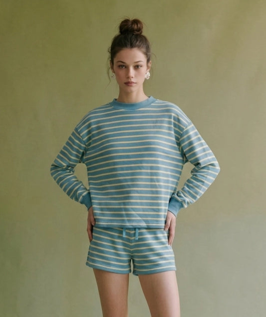 MOT1714 Striped Crew Neck Cotton Terry Cropped Top - Turquoise / Lemon