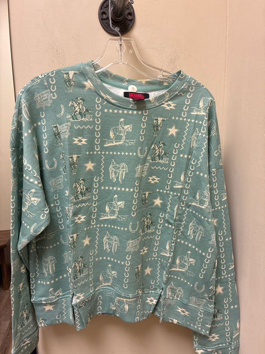 BW91T08137 Rock & Roll Ladies Conversational Print Soft Green Pullover
