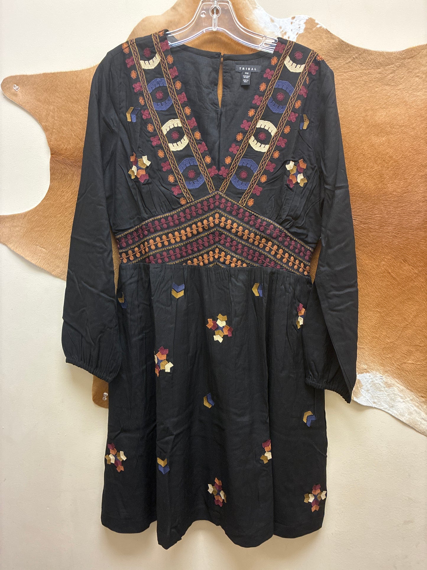 3284O-8565-0002 Tribal Long Sleeve Dress with Embroidery Detail