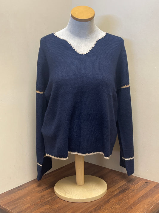 C2879 Charlie B Ribbed V-Neck Notched Soutache Sweater
