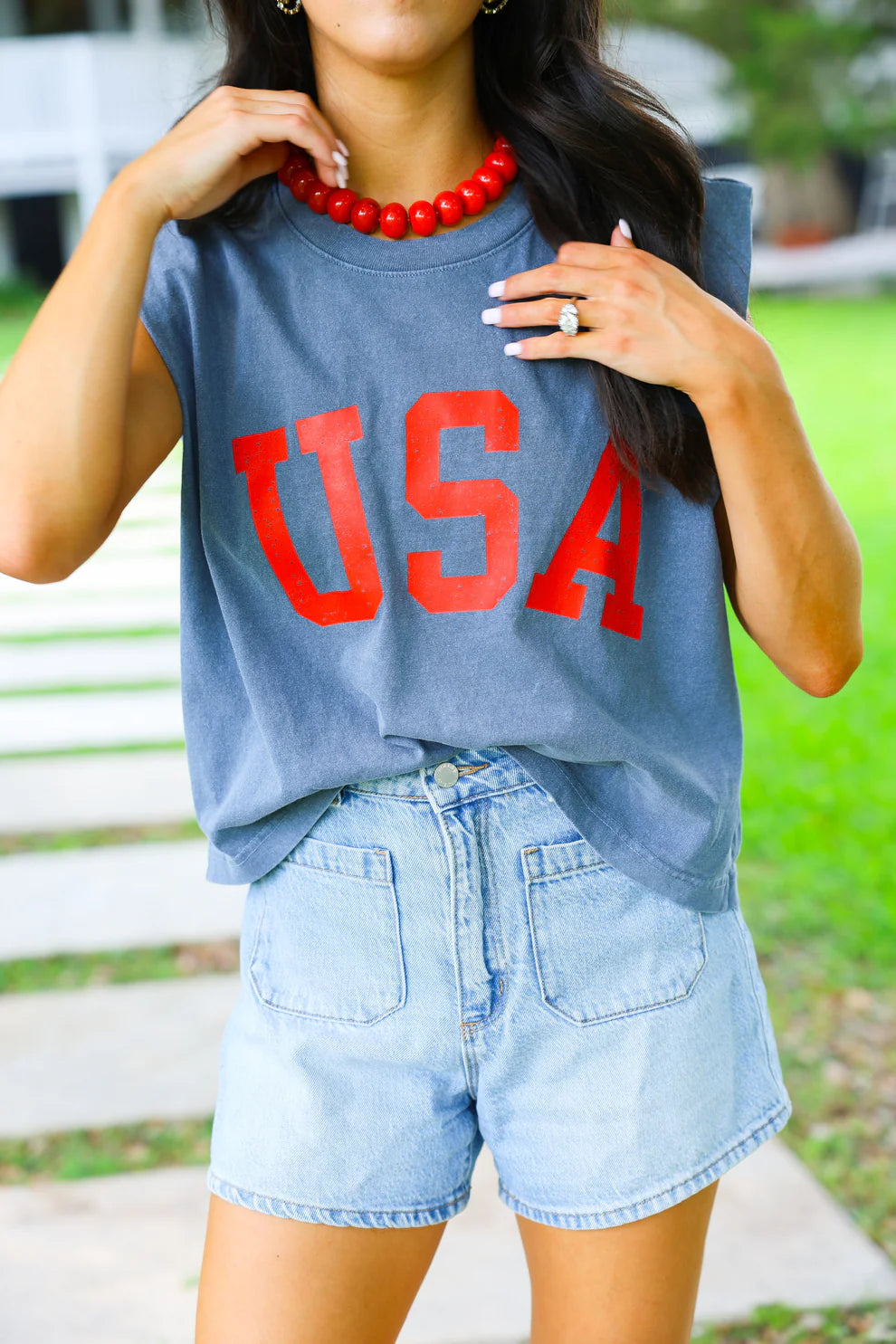 Summer Tees Ladies USA Muscle Tank Faded Navy