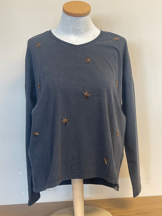 C1415 Charlie B Beaded Long Sleeve V-Neck Solid Top