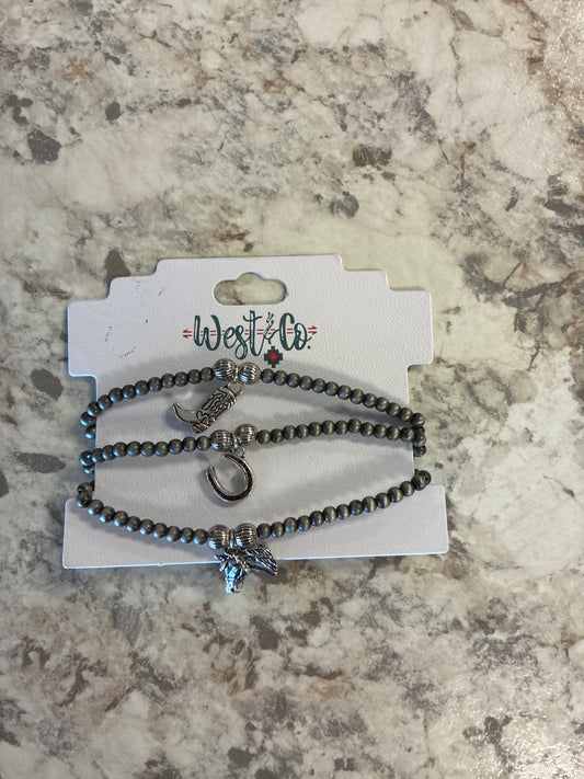 BR1525 West & Co. 3 Piece Set of Faux Navajo Pearl Stretch Bracelets with Cowboy Charms