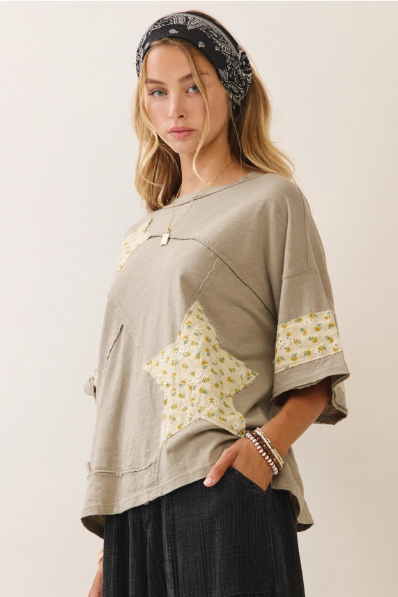IT19307 Relaxed Fit Cotton Top with Contrast Star Quilt Detailing - Smoky Grey