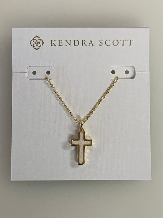 9608800866 Kendra Scott Cross Gold Pendant Necklace in White Opal