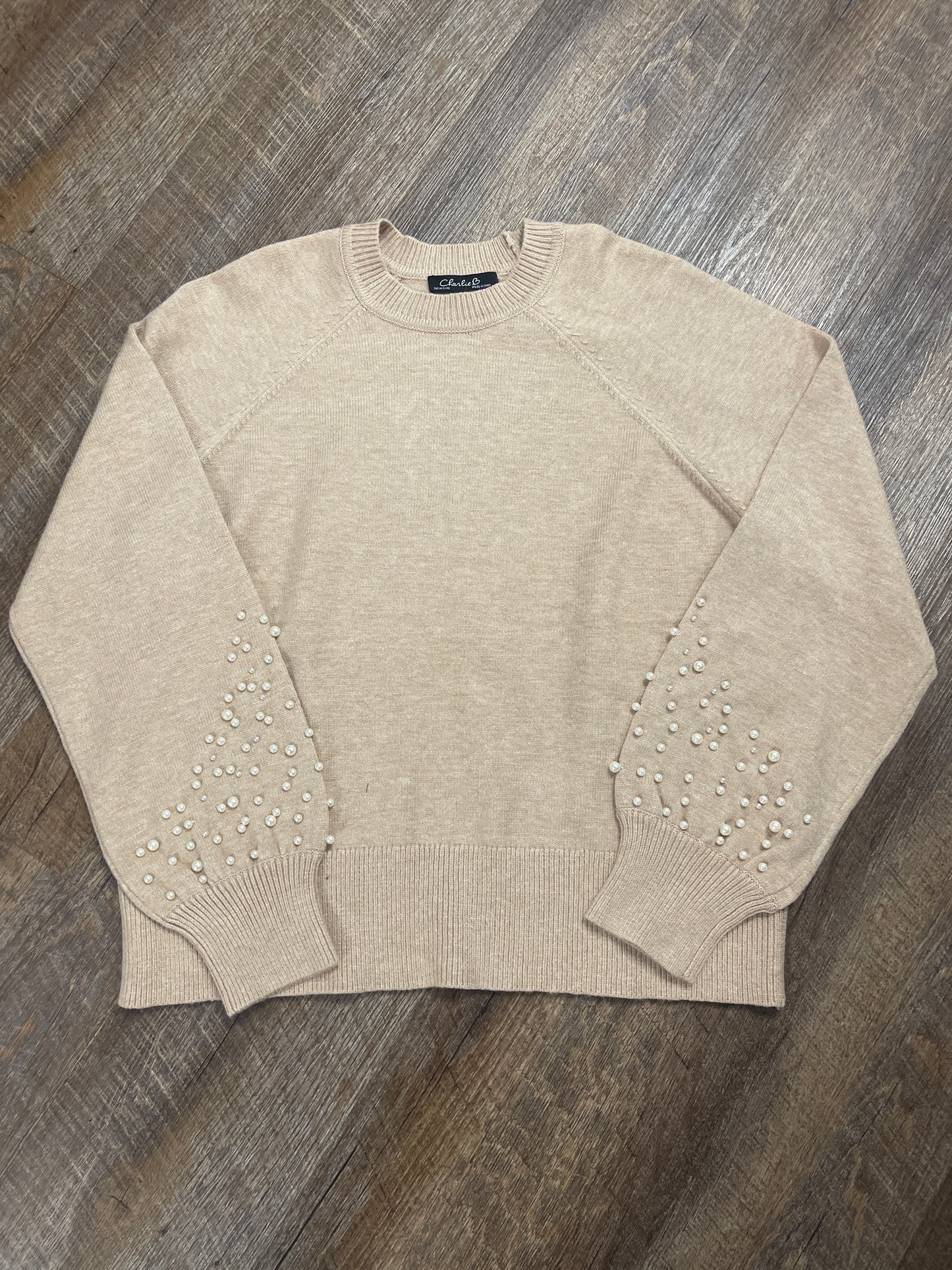 C2850B Charlie B Raglan Crew Neck Sweater w/ Pearl Bead Detail