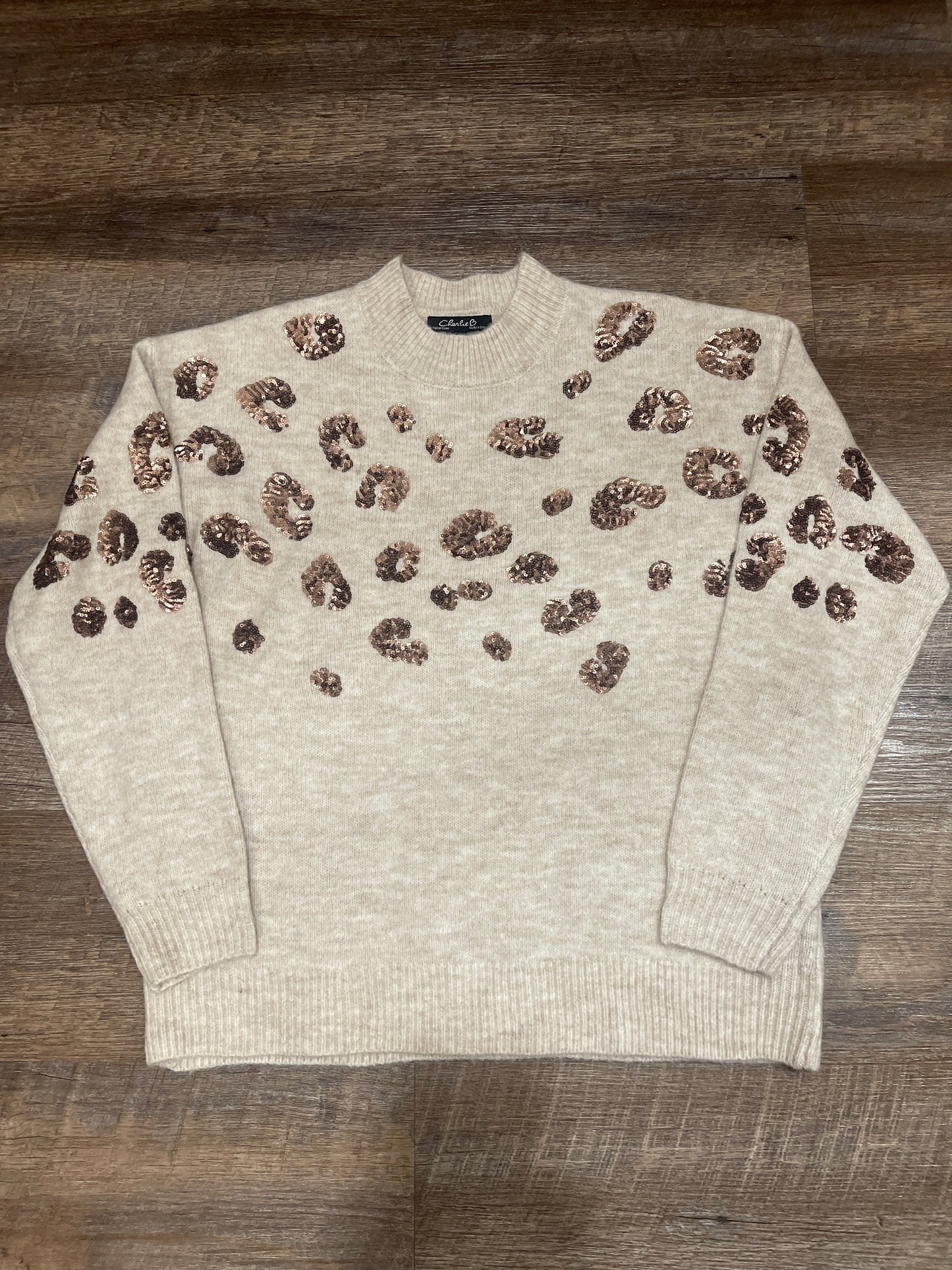 C2890 Charlie B Crew Neck Sweater w/ Cheetah Sequins