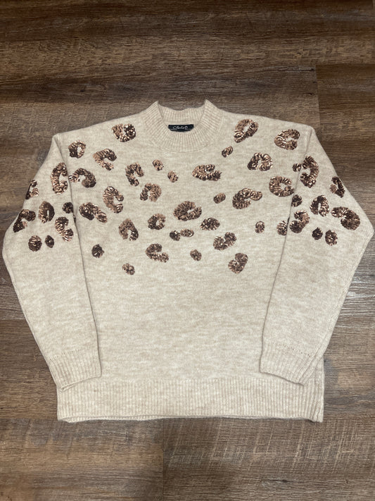 C2890 Charlie B Crew Neck Sweater w/ Cheetah Sequins
