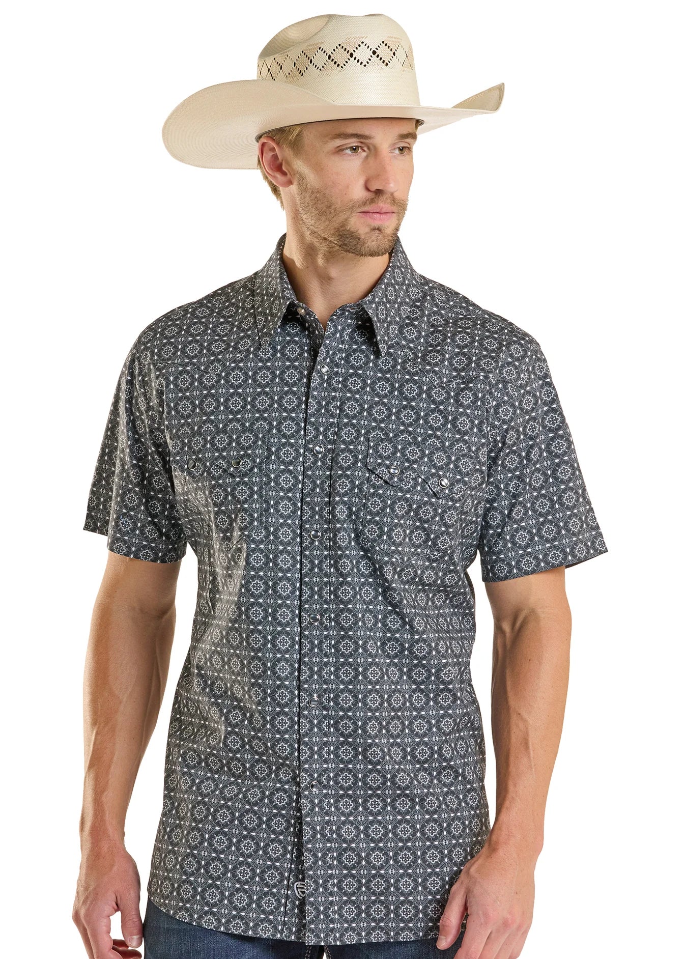 BMN3S08677 Men's Rock&Roll Medallion Printed Short Sleeve Snap Shirt