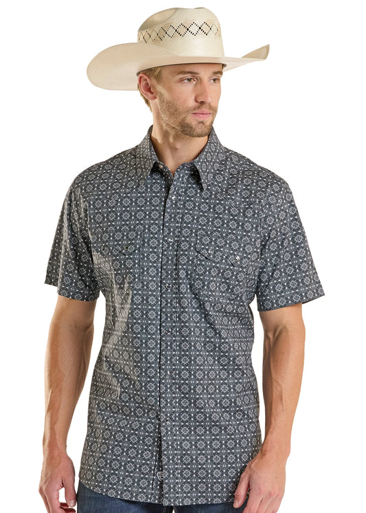 BMN3S08677 Men's Rock&Roll Medallion Printed Short Sleeve Snap Shirt