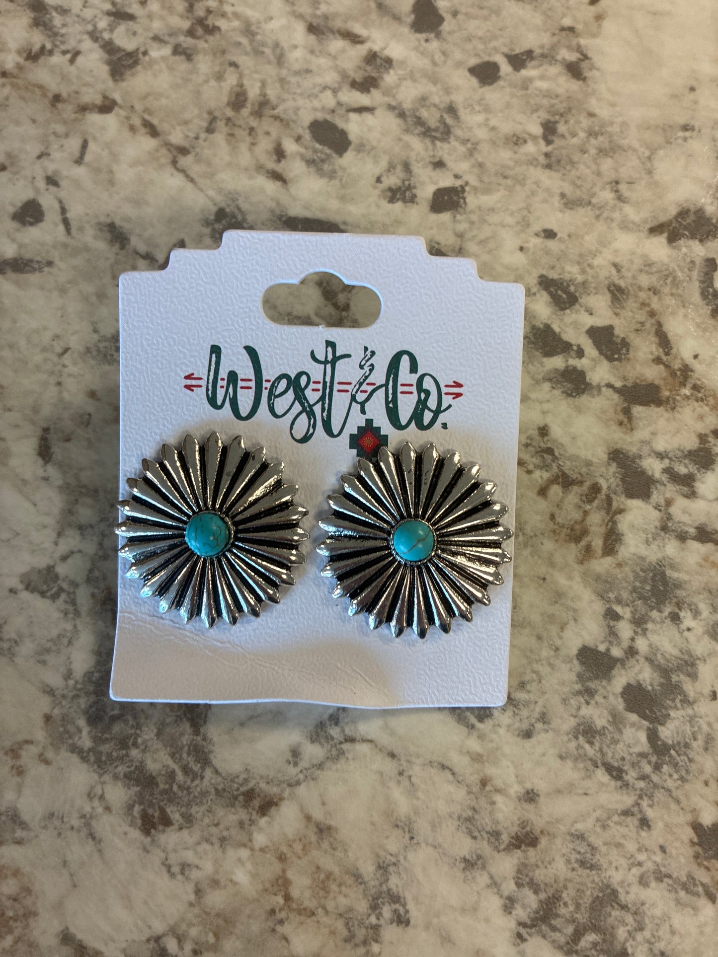 E1418 West & Co. 1.25" Burnished Silver Burt Round Concho Post Earring with Turquoise Accent