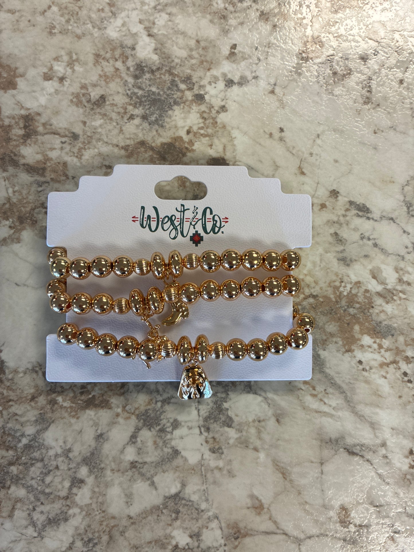 BR1525G West & Co. 3 Piece Set of Gold Beaded Stretch Bracelet with Cowboy Charms