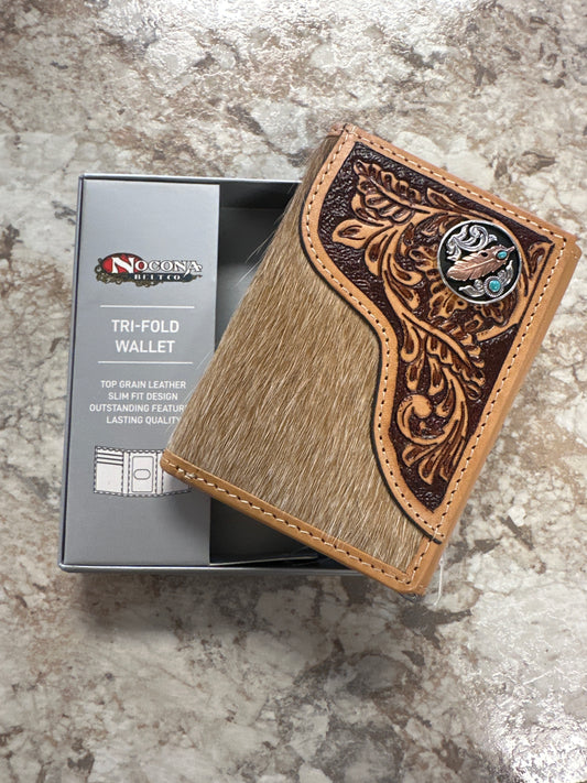 N500048808 Nocona Cowhide Tri-Fold Wallet With Feather Concho
