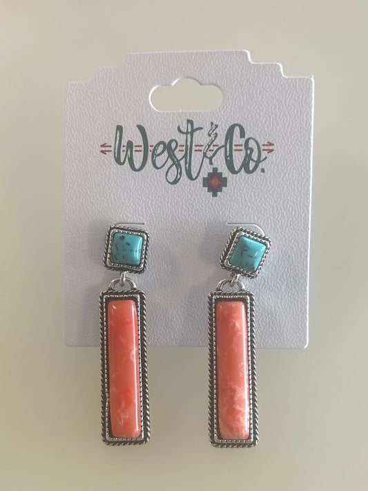 E853 West & CO 2" Coral Bar & Turq Post Earrings