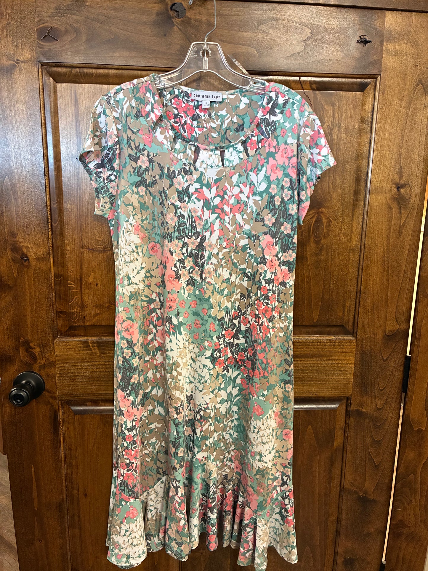 6397 Southern Lady Tan Coral Flowered Print Dress