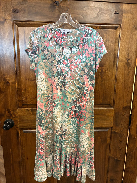 6397 Southern Lady Tan Coral Flowered Print Dress