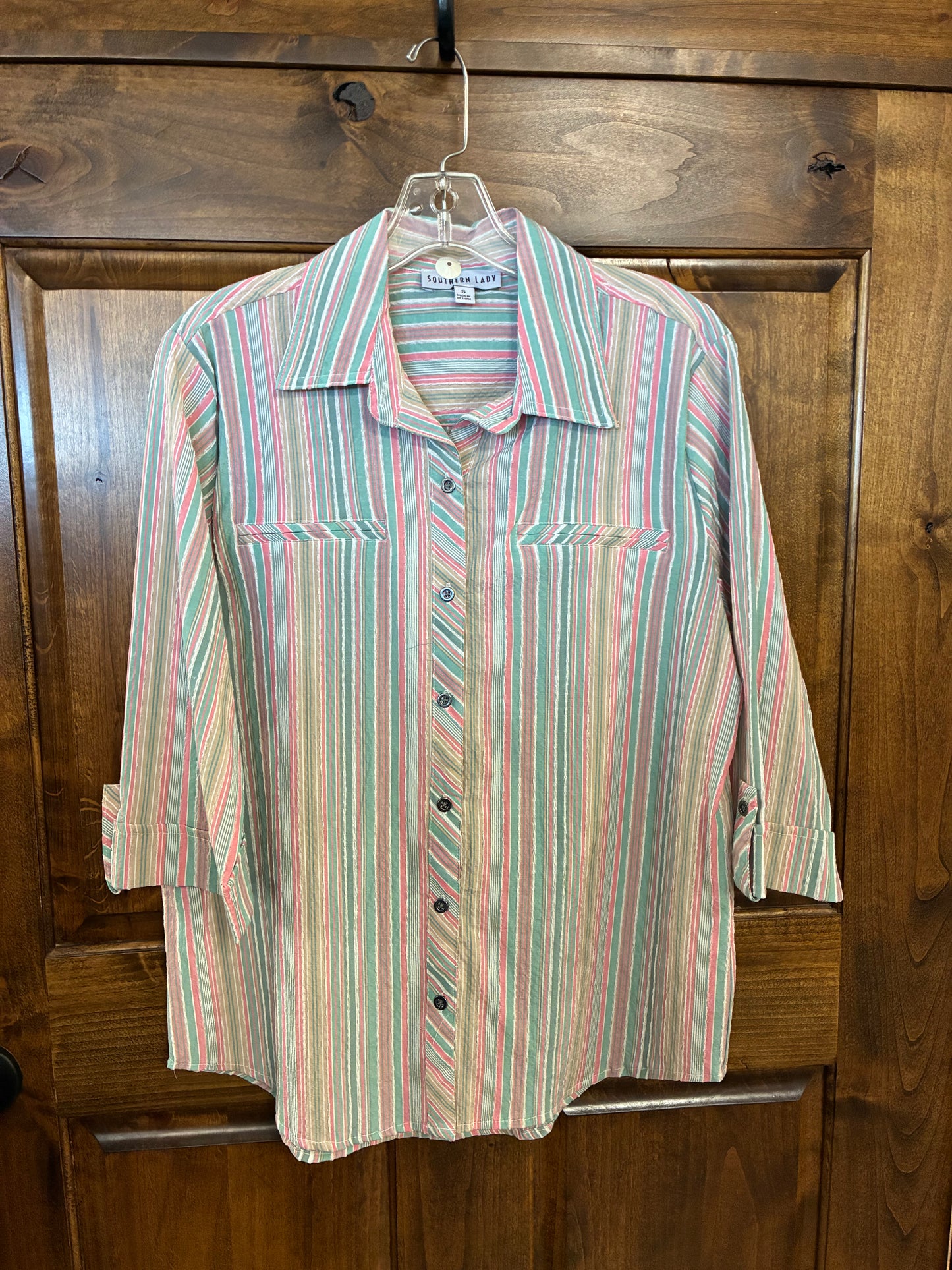 3548 Southern Lady Coral Zinnia Stripe Poly/Cotton Blouse