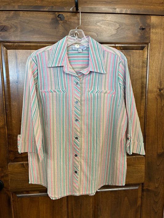 3548 Southern Lady Coral Zinnia Stripe Poly/Cotton Blouse