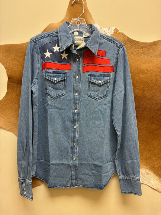 03-050-0185-0106 Roper Women's Unique American Design Long Sleeve Blue Denim Shirt