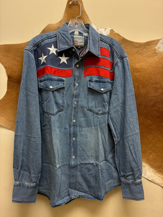03-001-0185-0106 Roper Men's Unique American Design Long Sleeve Blue Denim Shirt