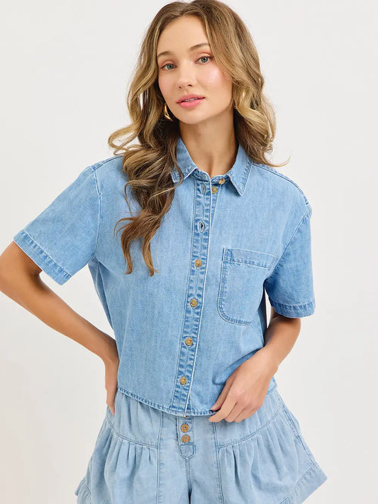 SW1407 Sweet Lovely Women's Denim Button Up T-Shirt