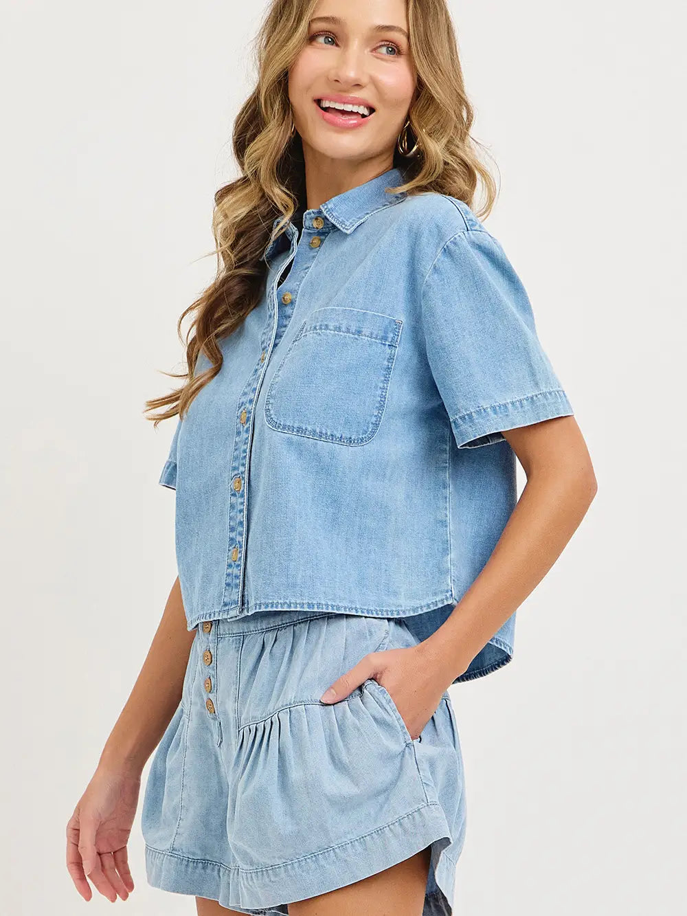 SW1407 Sweet Lovely Women's Denim Button Up T-Shirt