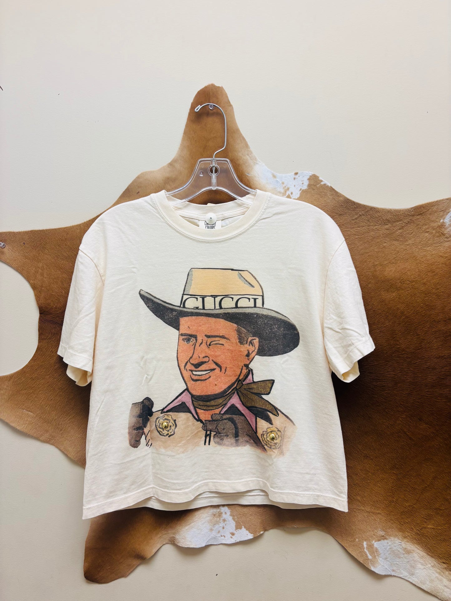 Summer Tees Designer Cowboy Crew Neck Comfort Colors Cropped Tee Ivory